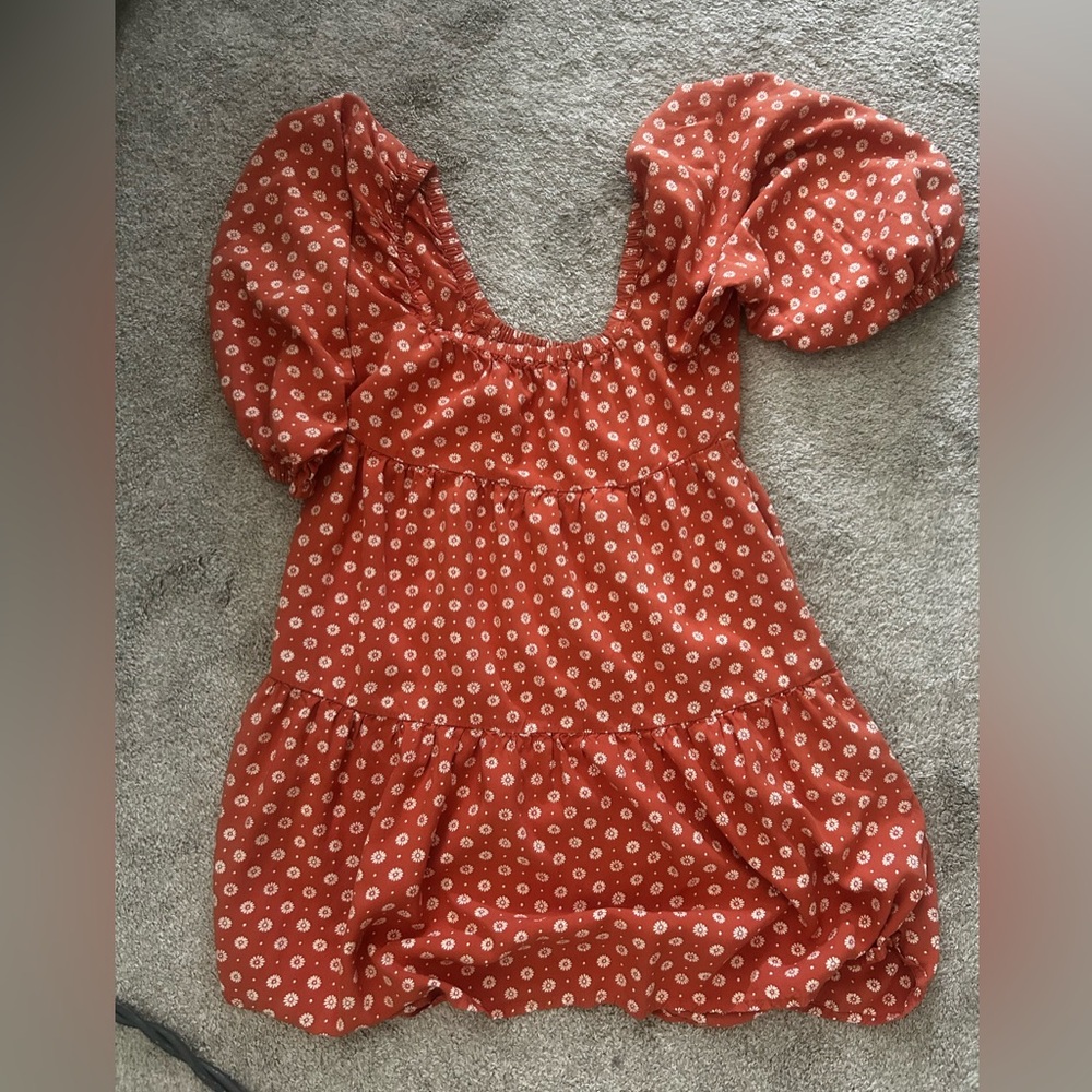 Rust Orange Puff Sleeve Mini Dress with White Dot Print